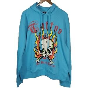 Ed Hardy Flame Skull Blue Hoodie SZ XL